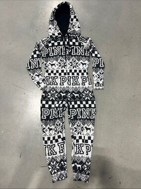 PINK Black & White Logo One-Piece Hooded Jumpsuit Size M